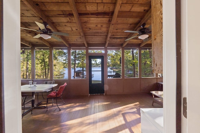 sunroom / solarium featuring wooden ceiling, a ceiling fan, and a water view