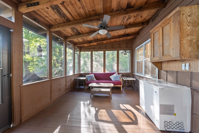 sunroom featuring wood ceiling, ceiling fan, and vaulted ceiling with beams