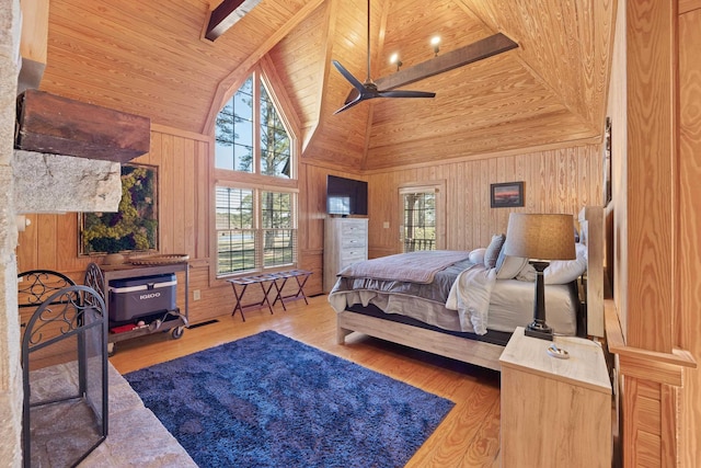 125 Secoffee Dr, Eatonton, GA 31024 - bedroom with high vaulted ceiling, wood ceiling, wood walls, and wood finished floors