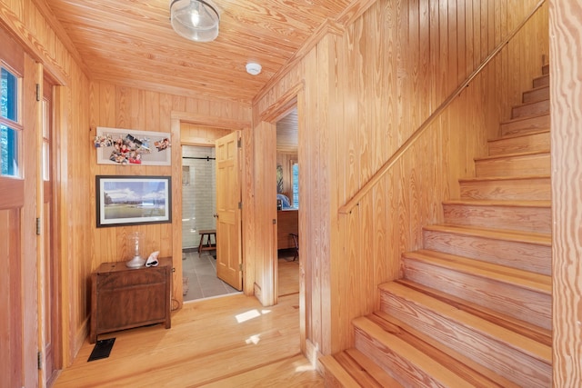 125 Secoffee Dr, Eatonton, GA 31024 - stairs with wood ceiling, wood finished floors, visible vents, and wooden walls