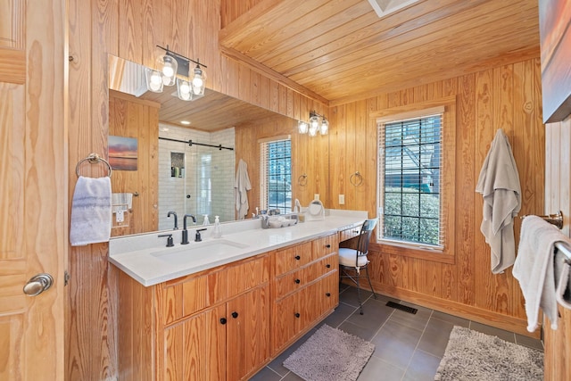 125 Secoffee Dr, Eatonton, GA 31024 - bathroom with visible vents, wood ceiling, wood walls, a shower stall, and tile patterned floors