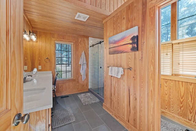 125 Secoffee Dr, Eatonton, GA 31024 - bathroom with wooden ceiling, wood walls, a shower stall, and tile patterned floors