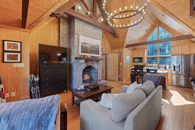 125 Secoffee Dr, Eatonton, GA 31024 - living area featuring beamed ceiling, wood walls, wooden ceiling, and wood-type flooring