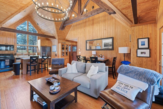 125 Secoffee Dr, Eatonton, GA 31024 - living room featuring wooden ceiling, wood walls, beamed ceiling, and light wood finished floors