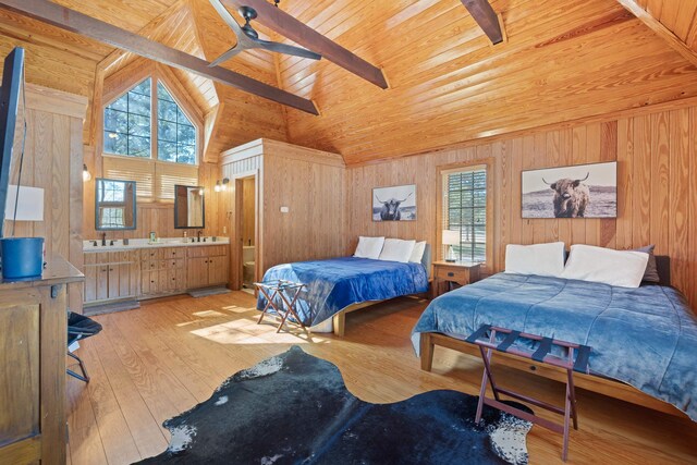 125 Secoffee Dr, Eatonton, GA 31024 - bedroom with multiple windows, wood walls, light wood-type flooring, and wood ceiling