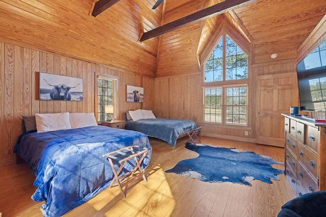 125 Secoffee Dr, Eatonton, GA 31024 - bedroom featuring hardwood / wood-style flooring, wood ceiling, wooden walls, and high vaulted ceiling