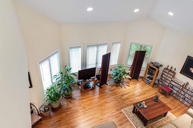 living room featuring high vaulted ceiling and light wood-type flooring