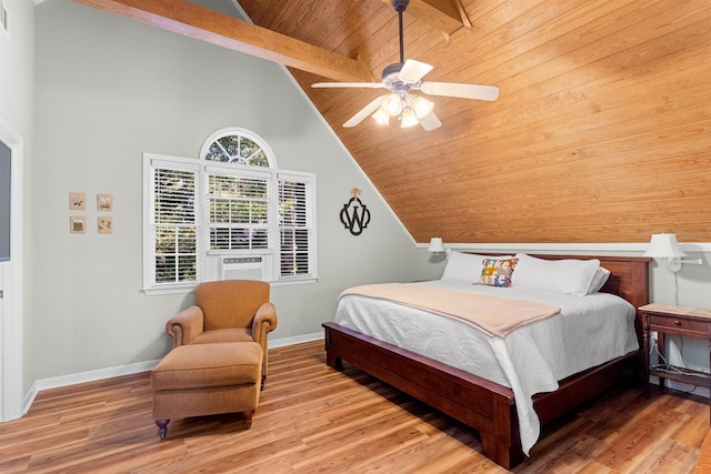 bedroom with lofted ceiling with beams, hardwood / wood-style floors, wood ceiling, and cooling unit