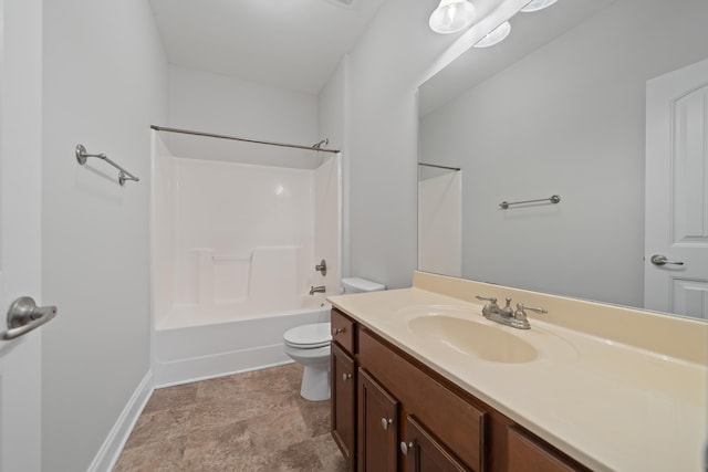 full bathroom with vanity, bathing tub / shower combination, toilet, and baseboards