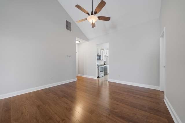 unfurnished living room with visible vents, high vaulted ceiling, wood finished floors, baseboards, and ceiling fan