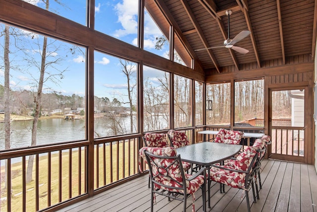 sunroom featuring a water view, vaulted ceiling with beams, wood ceiling, and ceiling fan