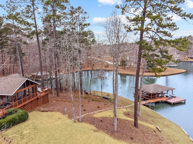 view of yard featuring a dock and a water view