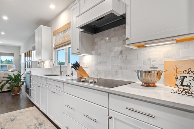 kitchen with sink, premium range hood, white cabinetry, backsplash, and light stone countertops