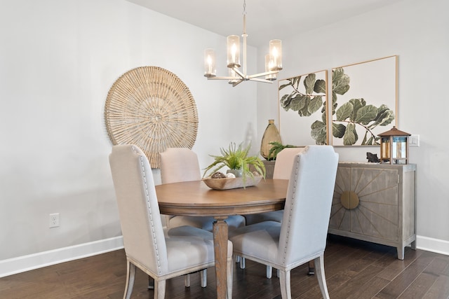 dining area featuring dark wood-type flooring and a chandelier