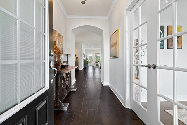 corridor with crown molding and dark hardwood / wood-style floors