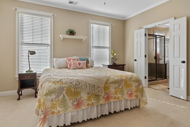 carpeted bedroom with ornamental molding