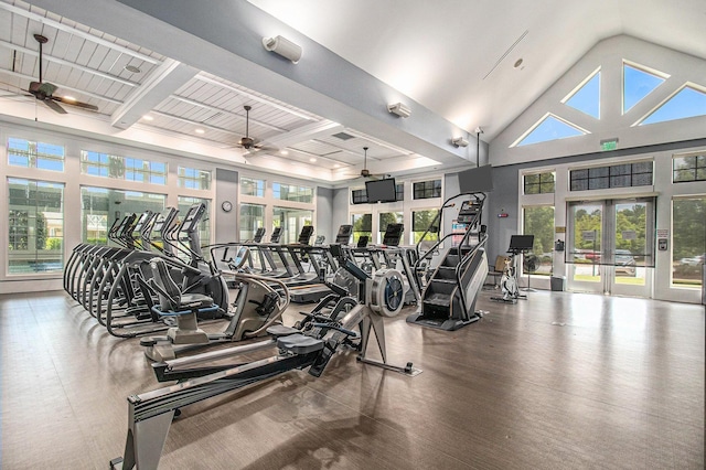 1000 Eight Knot Ct, Greensboro, GA 30642 - exercise room with ceiling fan, beamed ceiling, french doors, and wood finished floors