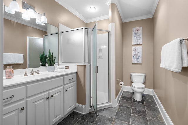 bathroom featuring crown molding, toilet, vanity, and walk in shower