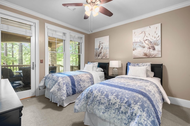 bedroom featuring access to outside, ornamental molding, ceiling fan, and carpet flooring