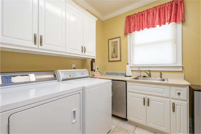1811 Snug Harbor Dr, Greensboro, GA 30642 - laundry room with washing machine and dryer, ornamental molding, and light tile patterned floors