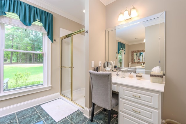 1811 Snug Harbor Dr, Greensboro, GA 30642 - bathroom featuring crown molding, vanity, a shower stall, and tile patterned floors