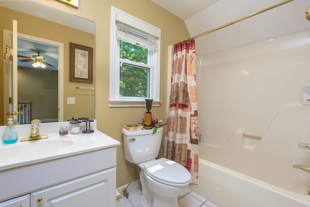 1811 Snug Harbor Dr, Greensboro, GA 30642 - bathroom featuring vanity, tile patterned flooring, shower / bath combo with shower curtain, and ceiling fan