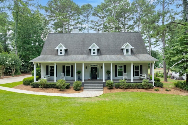 1811 Snug Harbor Dr, Greensboro, GA 30642 - cape cod-style house featuring a porch, a front yard, a chimney, and a shingled roof