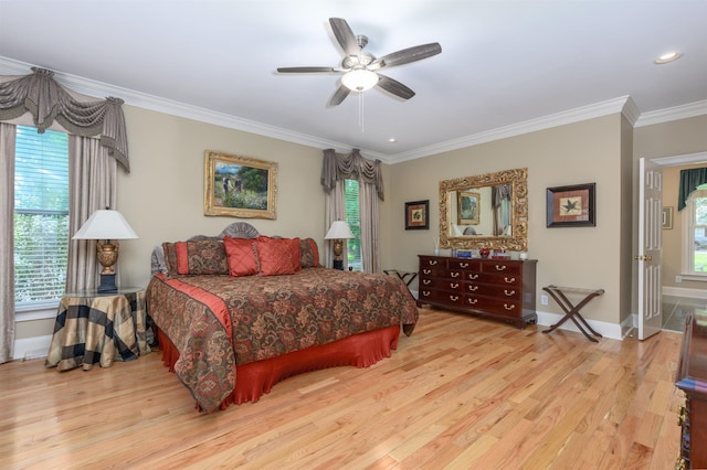 1811 Snug Harbor Dr, Greensboro, GA 30642 - bedroom with ornamental molding, light wood finished floors, a ceiling fan, and recessed lighting
