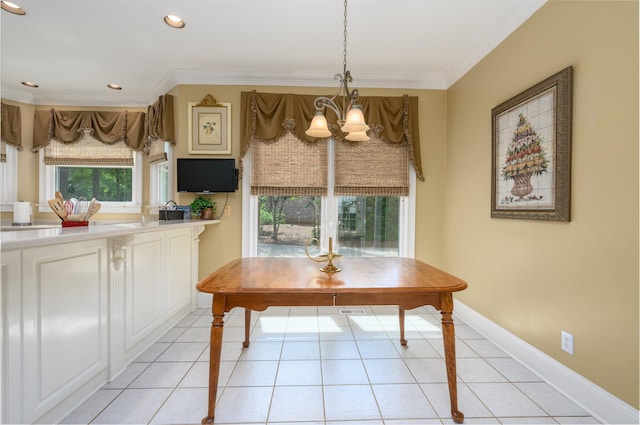 1811 Snug Harbor Dr, Greensboro, GA 30642 - dining area featuring a chandelier, crown molding, light tile patterned flooring, and recessed lighting