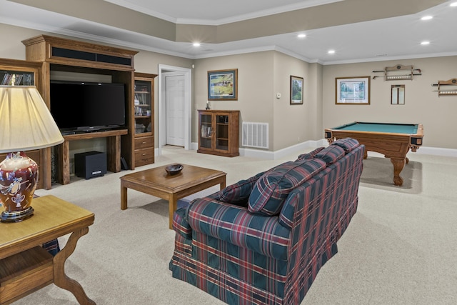 living room featuring crown molding, light colored carpet, and billiards