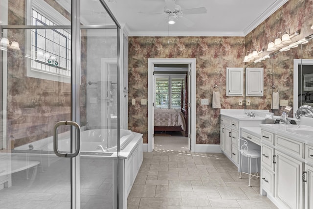 bathroom with ceiling fan, ornamental molding, plus walk in shower, and vanity