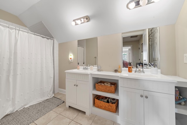 full bath with tile patterned floors, vanity, a shower with curtain, and lofted ceiling