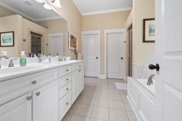 full bathroom with a bath, a sink, ornamental molding, tile patterned flooring, and a stall shower