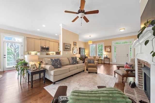 living area featuring crown molding, ceiling fan, wood finished floors, and a fireplace