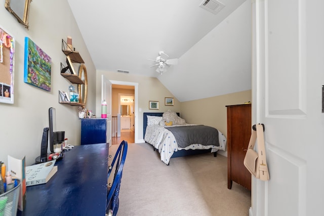 bedroom featuring visible vents, a ceiling fan, carpet flooring, and vaulted ceiling