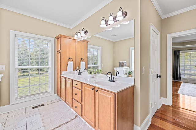 bathroom featuring vanity, hardwood / wood-style flooring, and ornamental molding