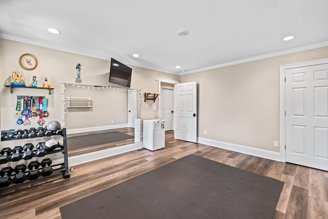 workout area featuring hardwood / wood-style flooring and ornamental molding