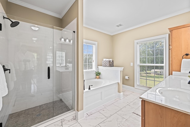 bathroom with ornamental molding, separate shower and tub, a wealth of natural light, and vanity