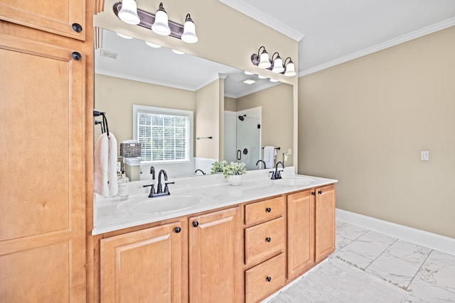 bathroom with an enclosed shower, crown molding, and vanity