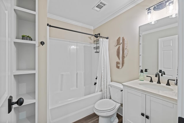 full bathroom featuring toilet, hardwood / wood-style flooring, ornamental molding, vanity, and shower / bath combination with curtain