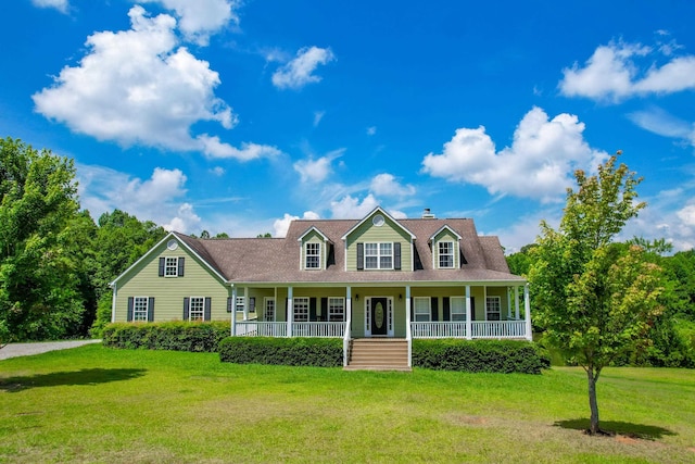 cape cod house featuring a porch and a front yard