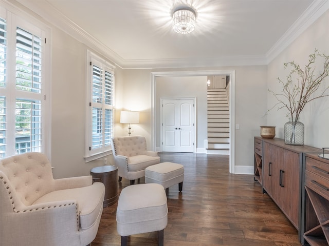 living area featuring crown molding and dark wood-type flooring