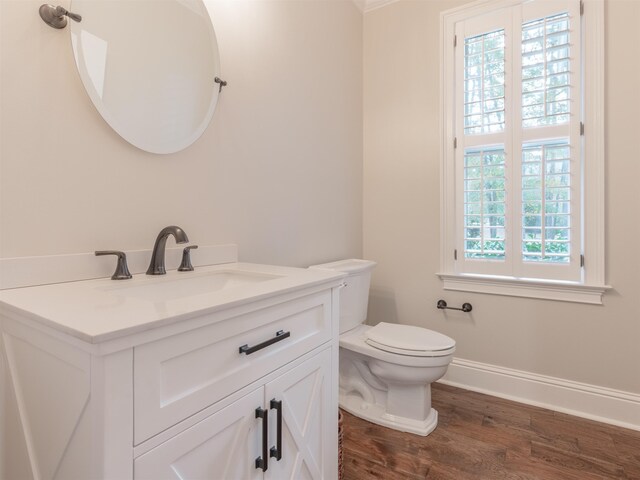 bathroom featuring vanity, toilet, and hardwood / wood-style floors