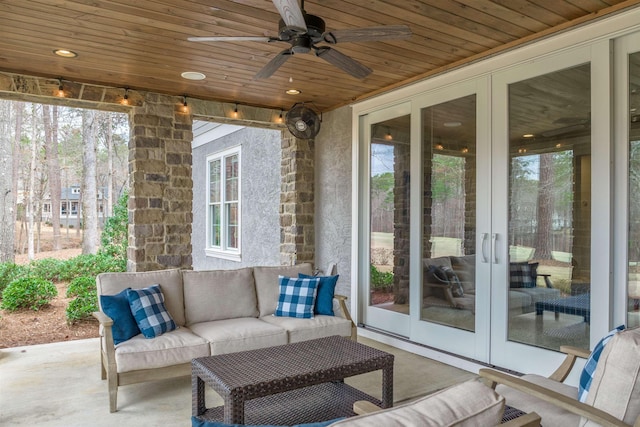 view of patio / terrace with french doors, ceiling fan, and an outdoor hangout area