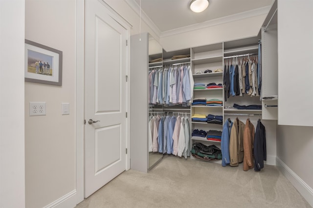 spacious closet featuring light carpet