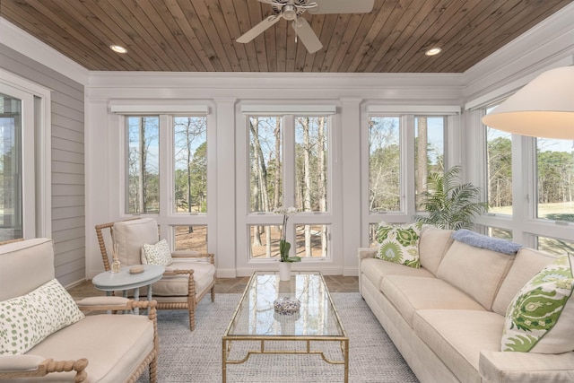 sunroom with ceiling fan, wooden ceiling, and a healthy amount of sunlight