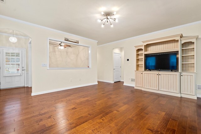 unfurnished living room with crown molding, dark hardwood / wood-style floors, and ceiling fan with notable chandelier