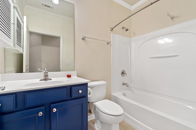 full bathroom featuring vanity,  shower combination, toilet, crown molding, and tile patterned floors