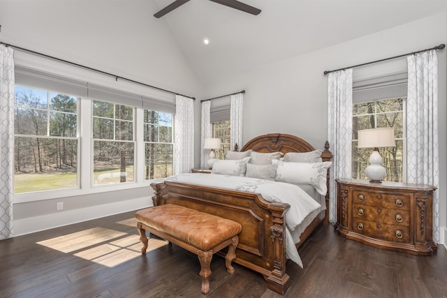 bedroom with ceiling fan, high vaulted ceiling, wood finished floors, and baseboards