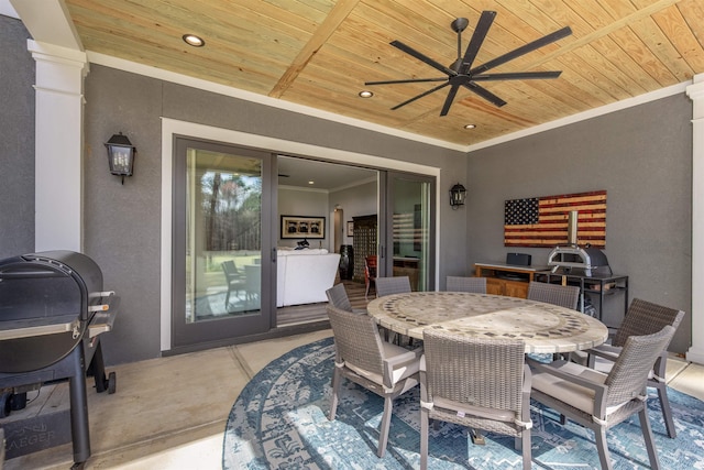 dining space with wooden ceiling, decorative columns, crown molding, and recessed lighting